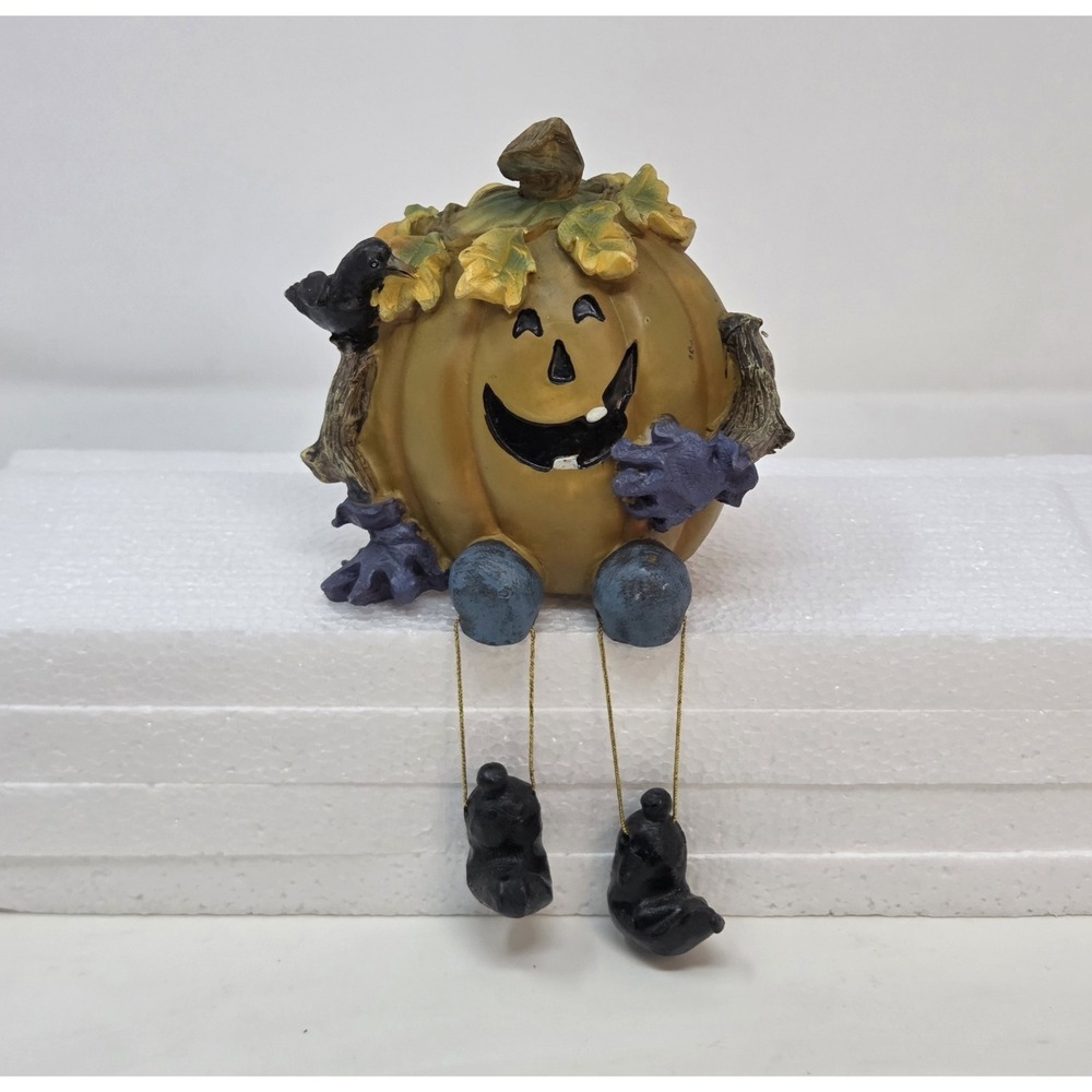 Vintage 2000s Resin Halloween Pumpkin Jack-O-Lantern Shelf Sitter Dangling Legs